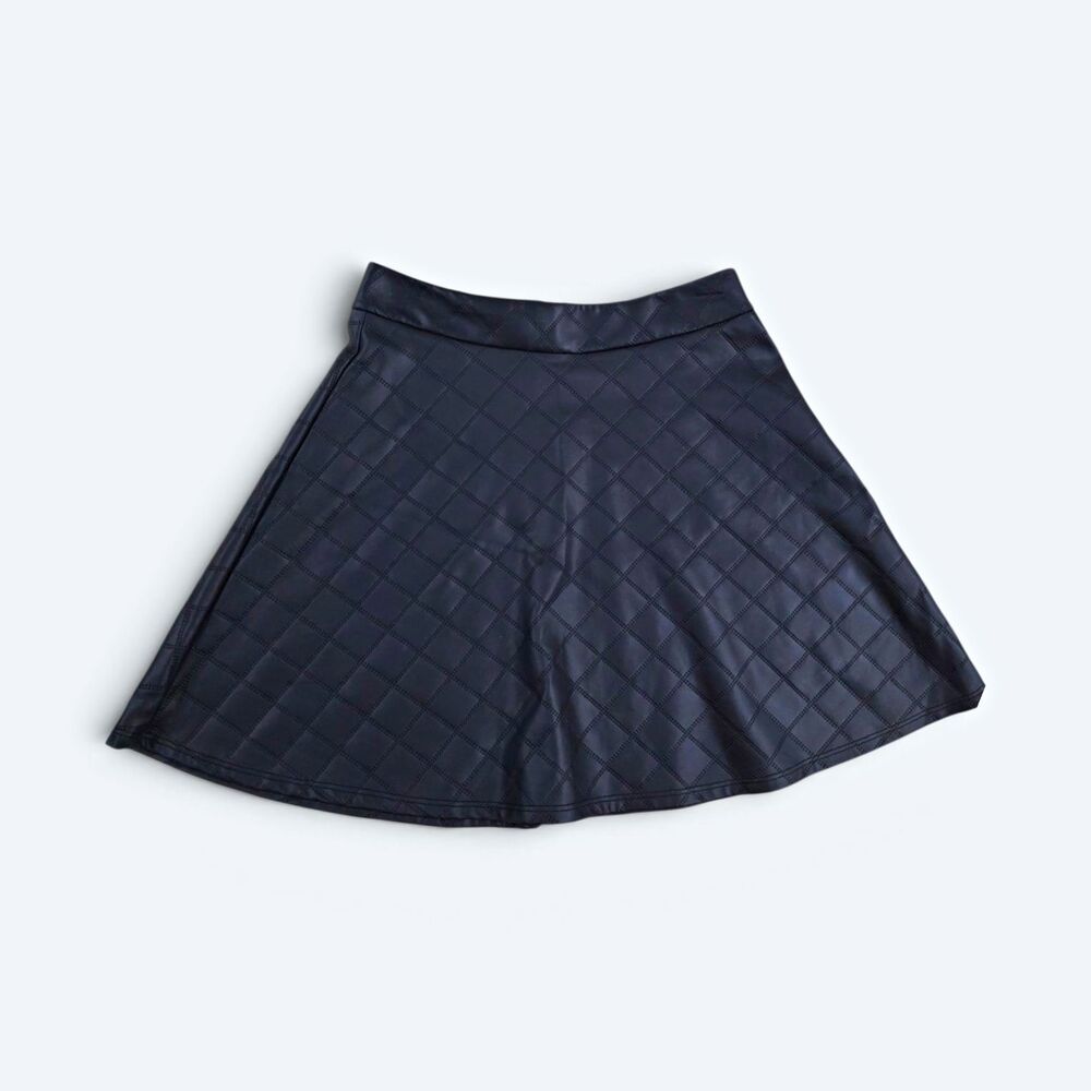 Soprano Black Quilted Faux Leather Skater Mini Skirt Size S Zip Stretch